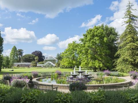 A photograph of Cambridge Botanic Gardens with glass houses in the background and the fountain in the foreground