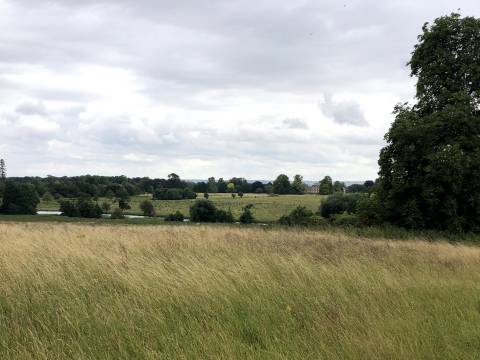 A long distance photograph of Wimpole Hall with green fields, trees and a lake in the foreground.